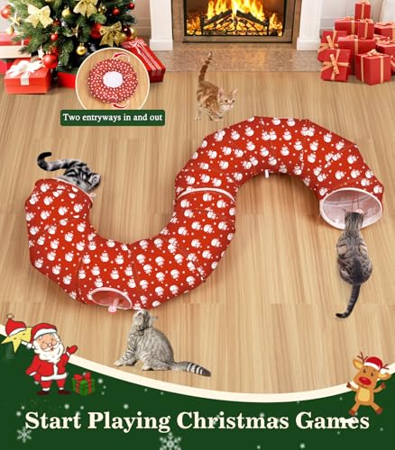 Image of Pawaboo Cat Tunnel Bed Under Christmas Tree, 35.4'' Christmas Cat Toy Circle Tunnel with Ball, Cats Tunnels Christmass Tree Skirt Decorative Festive Foldable Kitty Tube Tunnels for Cats(Red Snowman)