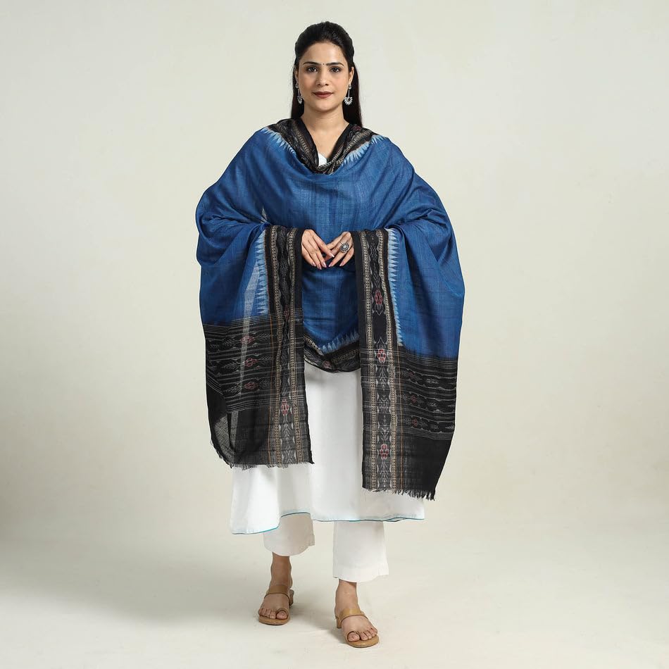 Image of Cotton Dupatta with weaving and Ikat woven border from the Weavers Stole for Girls & Women