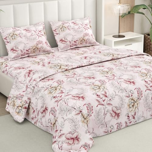 Image of Rivermoor 144 TC Cotton Bedsheet for Double Bed | Queen Size Bed Sheet with 2 Pillow Covers | Blush Pink Botanical Floral | 90 x 100 Inches