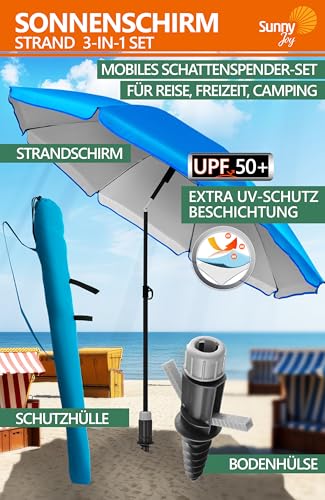 4smile Sonnenschirm Strand SunnyJoy 3-IN-1-SET, Fb. Blau - Strandschirm Ø 180 cm + Bodenhülse + Schutzhülle - Strandschirm windfest stabil, Sonnenschirm mit UV-Schutz 50+ 2
