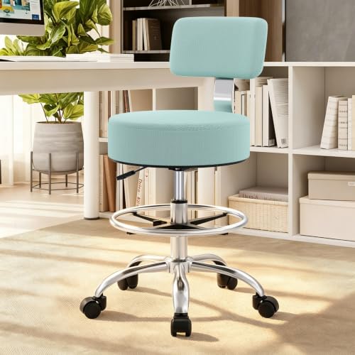 Image of Office Drafting Chair with Footrest, Tall Height Adjustable Stool with Back Support, Heavy Duty Rolling Stool Chair with Wheels for Office Home Kitchen Bar Shop Guitar Studio Vanity, Mint Blue