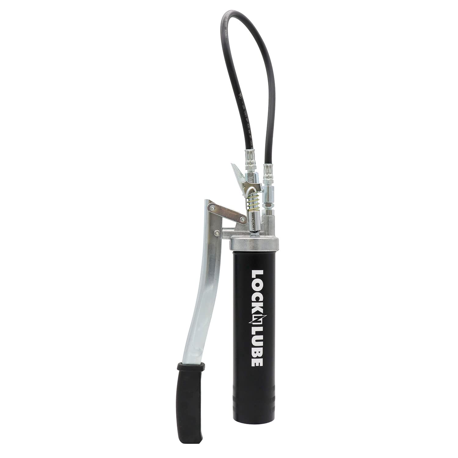 LockNLube Easy-Prime Lever Grease Gun. Includes Our Patented Grease Coupler (Locks on, Stays on, Won't Leak!) Plus a 20" Hose and in-line Hose Swivel.