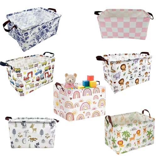 Image of Rectangle Storage Basket Cute Canvas Organizer Bin for Pet /Children Toys, Books, Clothes Perfect for Rooms /Playroom (Grid)