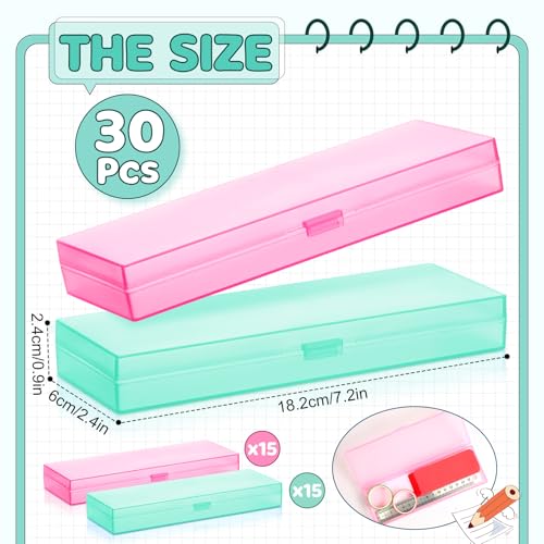Image of Yexiya 30 Pack Pencil Box Plastic Pencil Case Bulk 7.2 x 2.4 x 0.9 Inches Pink Green Pen Storage with Hinged Lid Stackable for Pens Crayons School Office Supplies Organization