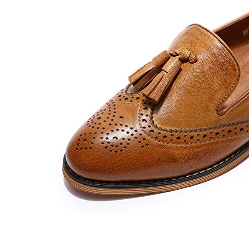 Image of Mona flying Women's Leather Tassel Loafers Slip on Brogue Flat Office Shoes