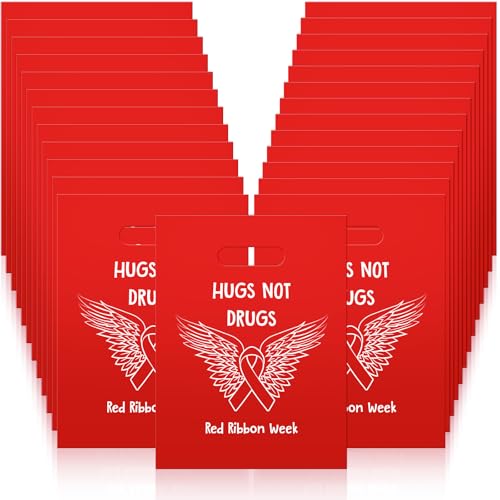 Watersay 200 Pcs Red Ribbon Week Party Supplies Bulk Bags 9 x 12 Red Ribbon Plastic Goodie Bags Favor with Handles Drug Free Gift Bags Anti Drugs Treat Bags for Red Ribbon Awareness Publicity Event