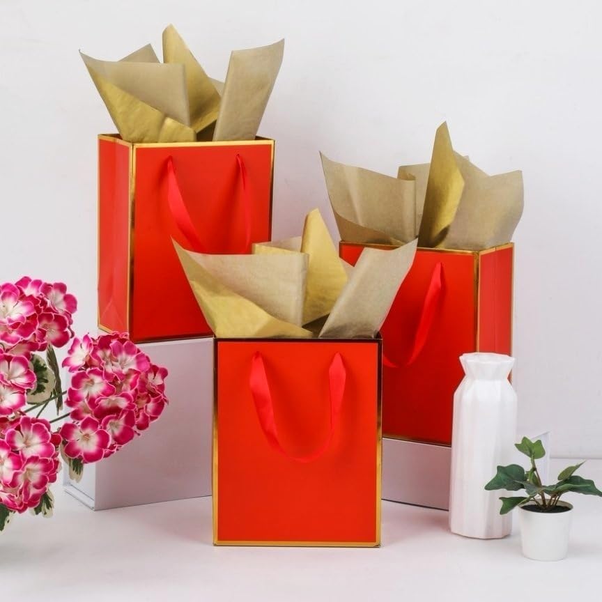 UoeRing 25 Pack Thank You Gift Bags with Handles 9.5x7.5x3.75 inch Gift Bags Medium Size Gift Bag with Tissue Paper and Card for Wedding Birthday Bridesmaid Holidays Mother's Day (Red Gold) - Image 6