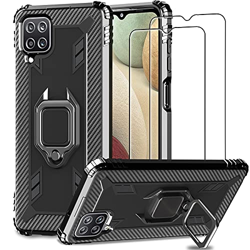IMBZBK Cover for Samsung Galaxy A12 Case + [2 Pack] Samsung Galaxy A12 Screen Protector Tempered Glass, [360 Degree Rotation Finger Ring Kickstand] [Military Grade Drop Protection] Silicone-Black