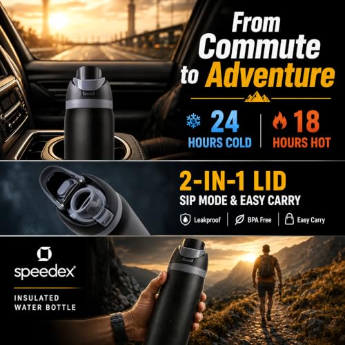Image of Speedex Coral 1000 Stainless Steel Vacuum Insulated Water Bottle 950ml | Thermosteel Flask | Hot 18Hr Cold 24Hr | Flip Straw Lid Sipper | Kids Boys Girls Men Women Office School Gym Travel | Black