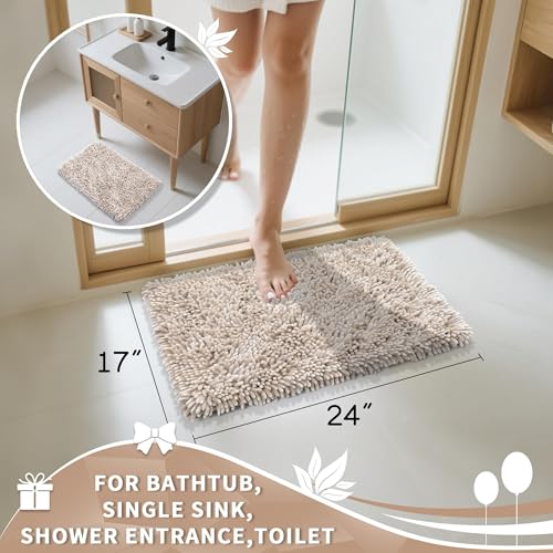 Image of Yimobra Chenille Bathroom Rugs Non Slip, Extra Thick Soft Absorbent Bath Rug, Machine Washable Quick Dry Bath Mat for Bathroom Floor, Tub and Shower, Home Decor Accessories, 24x17, Khaki