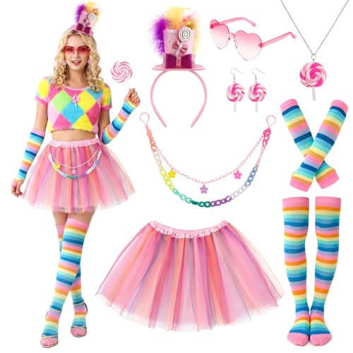 JATEBI 11 Pcs Candy Costumes for Women Top Hat Headband Lollipop Necklace Earrings Heart Glasses Sweet Rainbow Tutu Stocking Glove Props for Candyland Christmas Cosplay Accessories