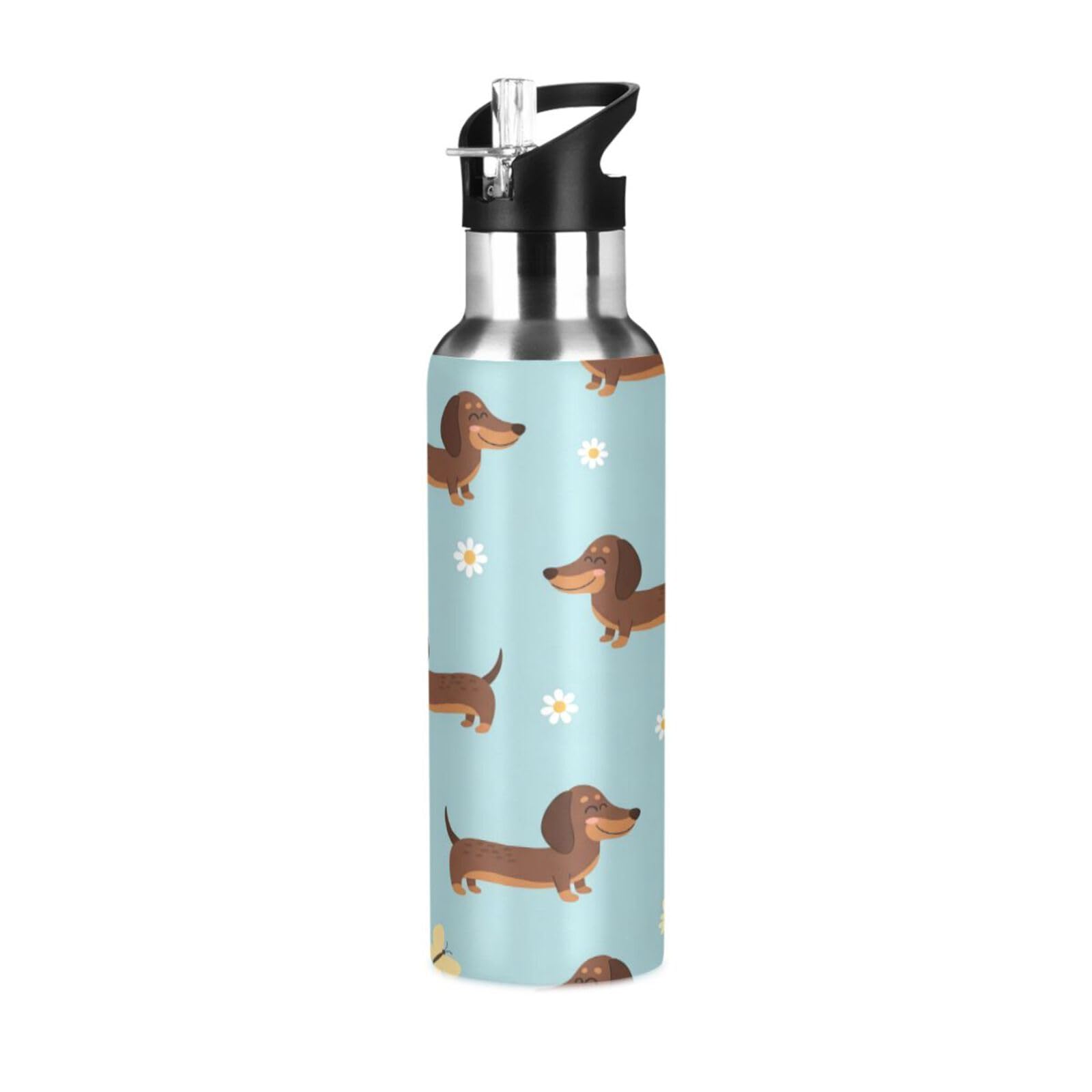 BOESI Dachshunds and Daisies Insulated Water Bottle 600ml, Stainless Steel Vacuum Sports Bottle with Straw, Leak Proof Thermal Bottle for Gym Travel Outdoor