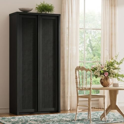 Image of Yechen 67 inch Tall Kitchen Pantry Cabinet, Rattan Storage Cabinet with Solid Wood Integrated Handleand Adjustable Shelves, Cupboard with Doors for Livingroom, Bathroom,Dining Room, Dark Black