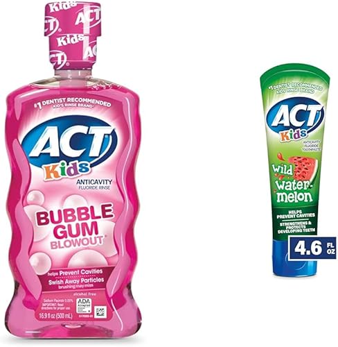 ACT Enjuague anticaries con flúor para niños, goma de mascar de 16.9 onzas y pasta de dientes Wild Watermelon 4.6oz