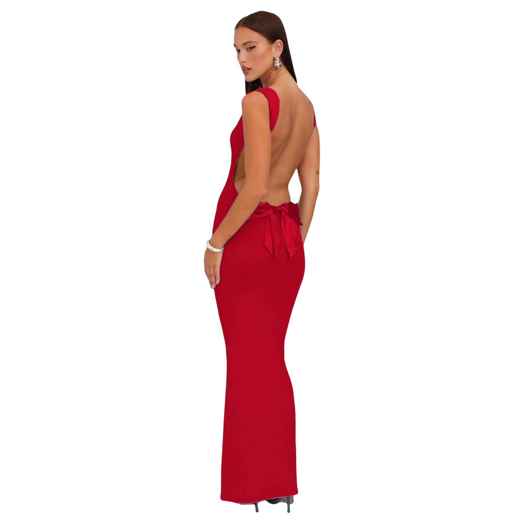 RARITYUS Womens Sexy Cowl Neck Backless Maxi Dress Elegant Satin Bowknot Long Dress Cocktail Party Evening Gown