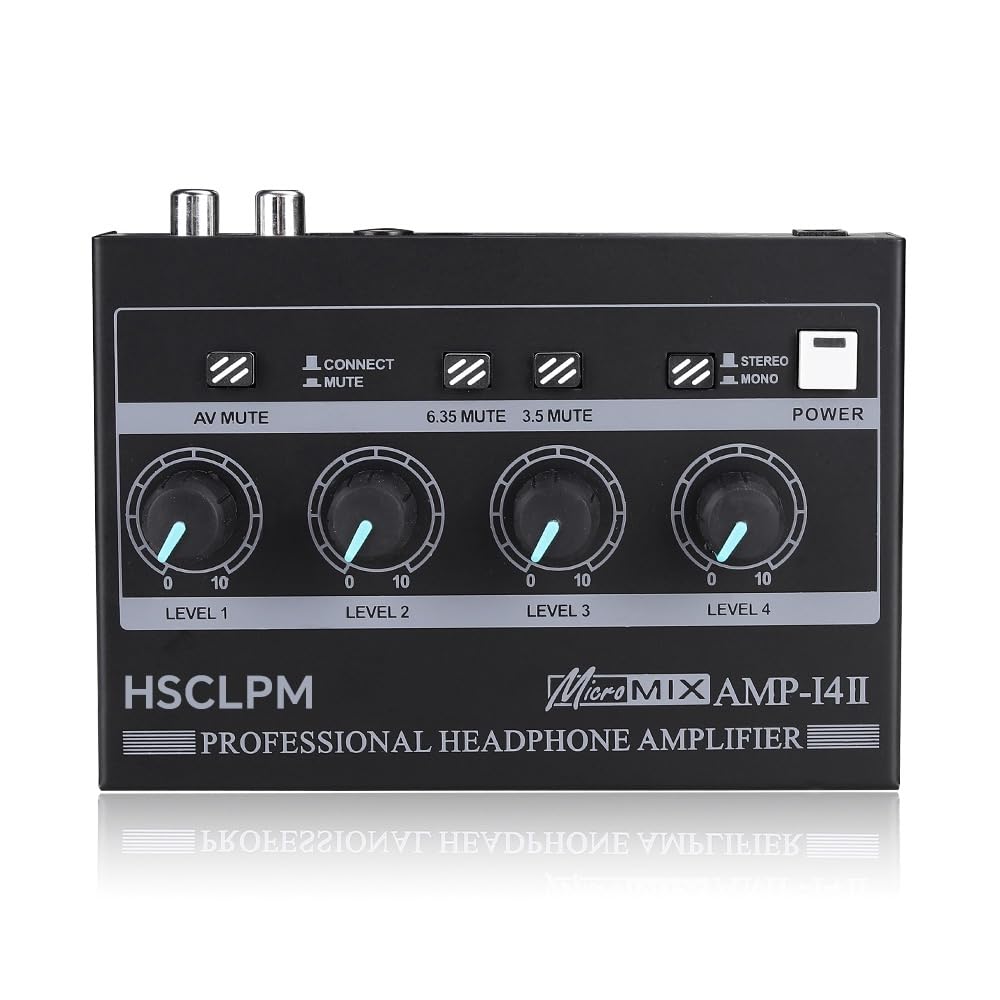 Amplificateur de casque à 4 canaux – Commutateur mono/stéréo avec sortie TRS 6,35 mm et 0,3 cm, 7 couleurs RVB LED en métal pour studio de musique, jeux, enregistrement – 3 ports d'entrée (noir