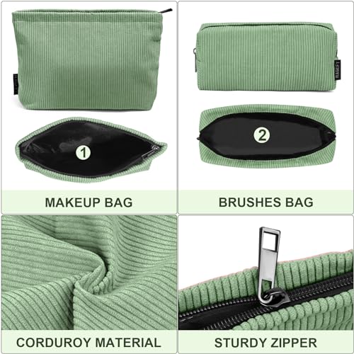 Makeup Bag MAGEFY 2 Pcs Small Cosmetic Bag Corduroy Make up Bag for Women Portable Travel Versatile Makeup Bag Zipper Makeup Pouch for Purse (Green) - Image 4