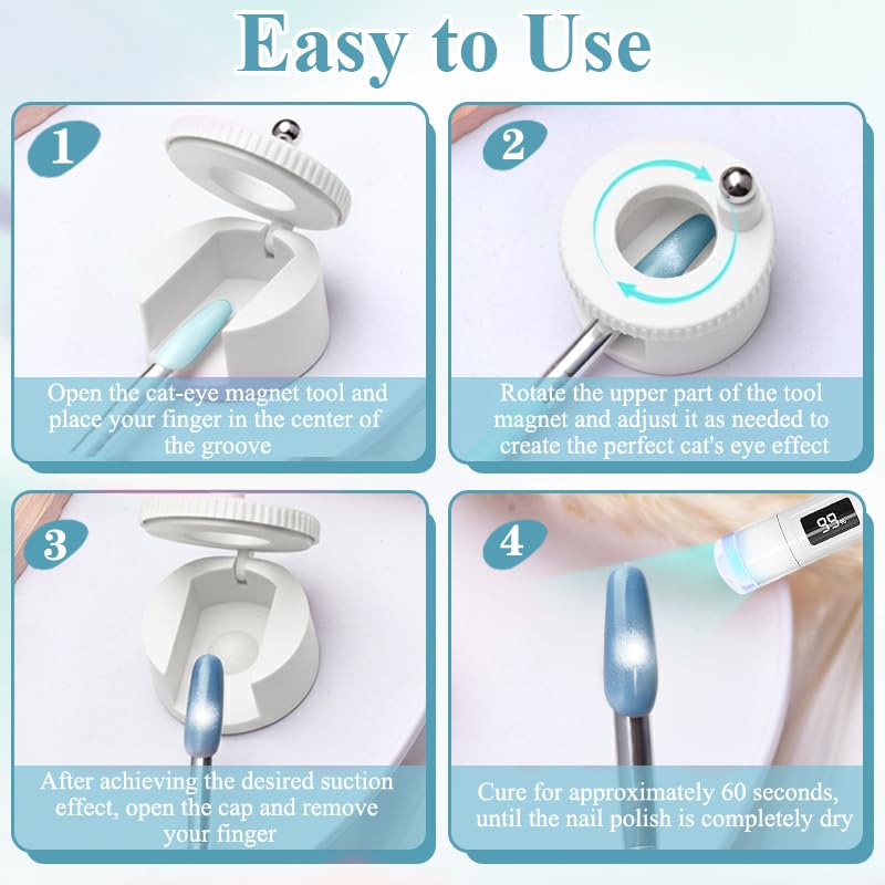 Rotating Cat Eye Magnet for Nail Polish, 360°Automatic Cat Eye Magnet Tool with Strong Magnet for Cat Eye Gel, Glass Bead Nail Magnet, Magnetic Nail Tool for DIY Nail Art & Salon Use (White)