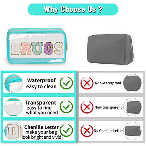 Chenille Letter Clear Makeup Bags Drugs Pouch, Preppy Patch Makeup Bag With Zipper, Transparent Pvc & Nylon Waterproof Portable Glitter Cosmetic Bag Travel Toiletry Storage For Women Girl(Drugs-Green) #TOP3