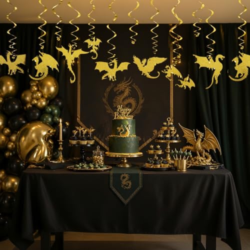 Image of Sumind 30 Pcs Dragon Hanging Swirls Party Decorations, Gold Dragon Ceiling Hanging Decor for Medieval Fantasy Themed Birthday Party Supplies, 10 Designs