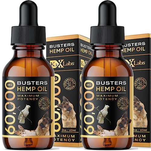 Buster's Organic Hemp Oil Large 60 Milliliters 2Pack 4Month Supply for Dogs Cats, Made in USA Omega Rich 3 6 and 9 Hip and Joint Health, Natural Relief, Calming