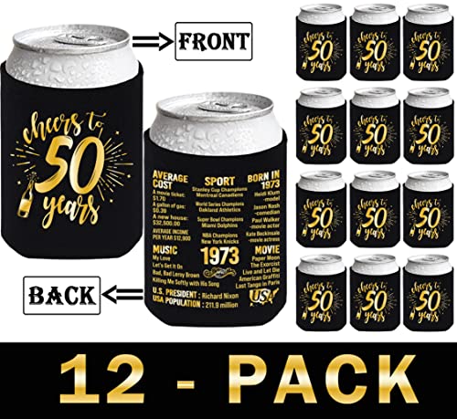 Henghere Happy 50Th Birthday Decorations For Men Women, 50Th Birthday Party Supplies, Vintage- Fifty Birthday Party Beverage Can Cooler Sleeves, 12-Pack, Black & Gold #TOP1