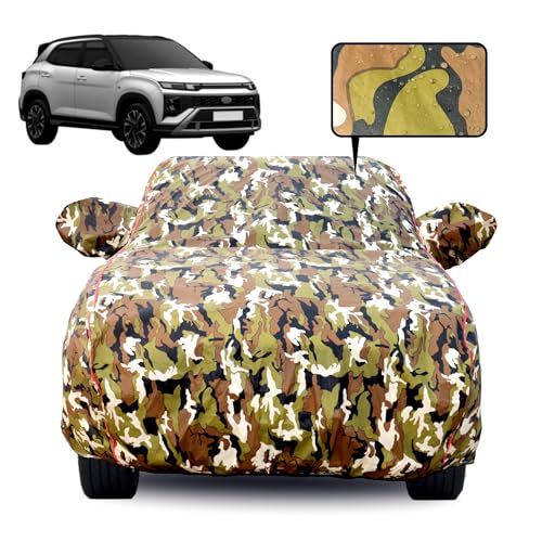 Image of Waterproof Car Body Cover for Hyundai Creta (2020-2026) with Mirror Pocket, Soft Cotton Lining, Triple Stitched, Full Bottom Elastic (Heat Resistant Jungle Print with Red Piping)