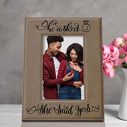 He Asked, She Said Yes Engraved Leather Picture Frame, Engagement Gifts, Wedding Gifts, Bride To Be, Groom To Be, We're Engaged Photo Frame, Proposal Gifts, She's The One Surprise (4X6-Vertical) #TOP3