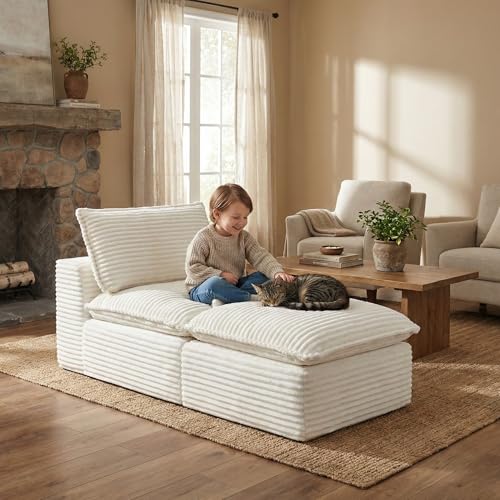 Image of Modular Sectional Sofa Add-On Set - Corduroy Middle Seat & Ottoman, Convertible Armless Chair with Footstool, DIY Expansion Module for Living Room, Bedroom, Apartment