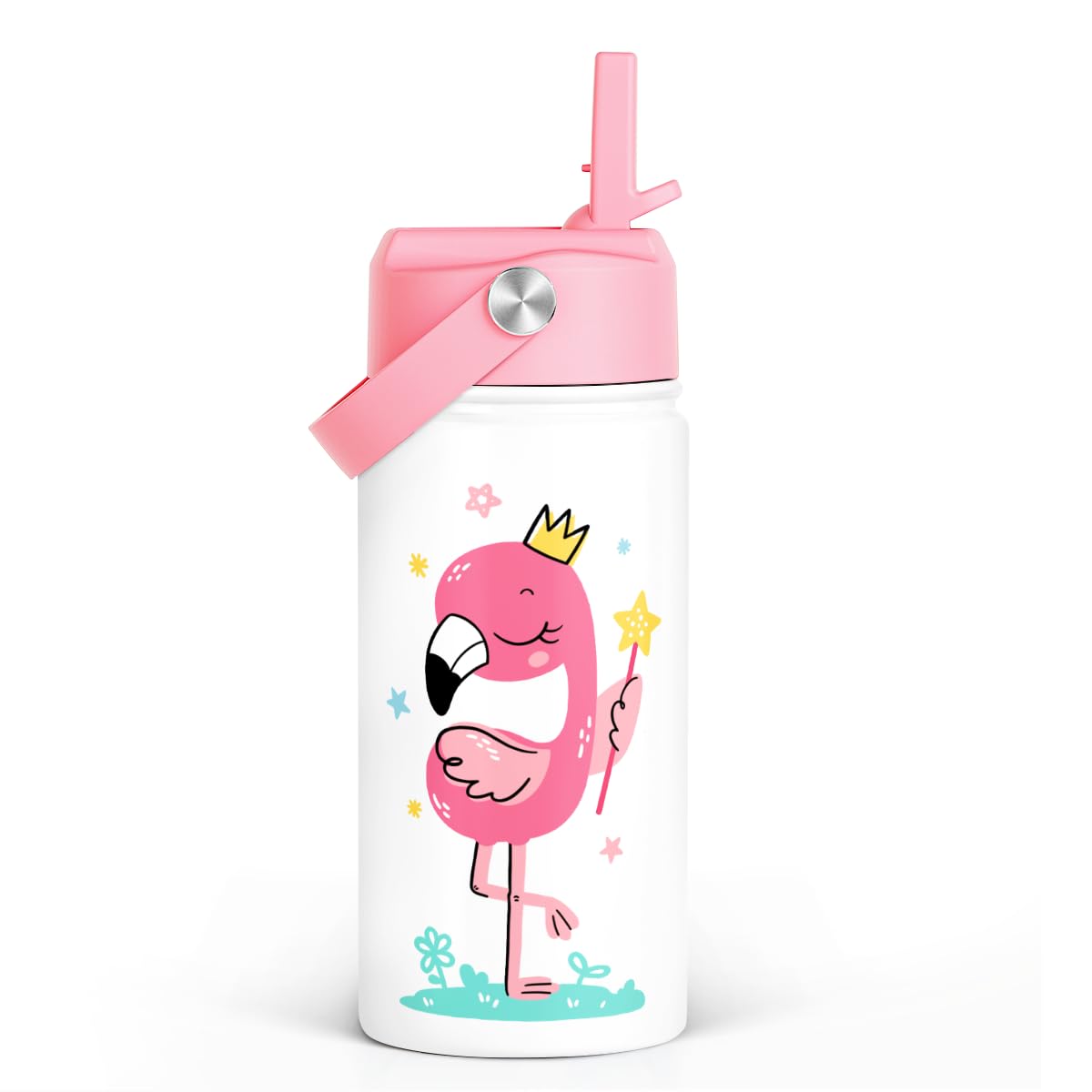 SANDJEST Flamingo Kids Water Bottle - 12 Oz Insulated Stainless Steel Straw Lid Bottle for Toddlers & Teens - School & Sports