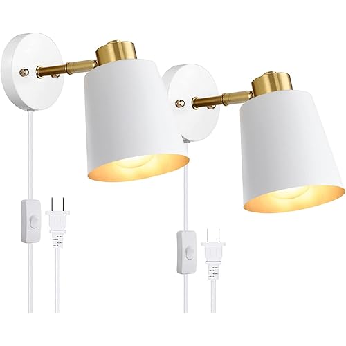 Plug in Wall Sconces Set of 2, Swing Arm Wall Lamp with On/Off Switch Metal White Vintage Industrial Wall Mounted Light Reading Light Fixtures for Bedside Bedroom Doorway,E26 Base
