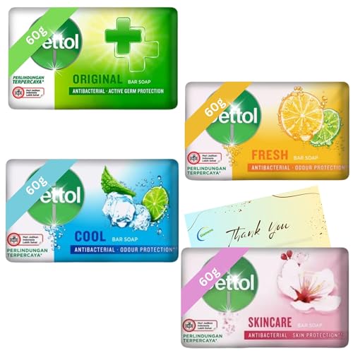 Antibacterial Soap Bundle with 4 Pack Soap Bars (Original Skincare Cool and Fresh) 60g each and Glameno Thank You Card