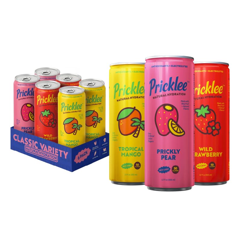Pricklee Natural Hydration Drink – Prickly Pear, Wild Strawberry, Tropical Mango – Electrolytes + Antioxidants, Low Sugar, No Artificial Sweeteners – Non-Carbonated, Caffeine-Free – Cactus Water-Based (12 oz cans, 6 pack, 2 each)
