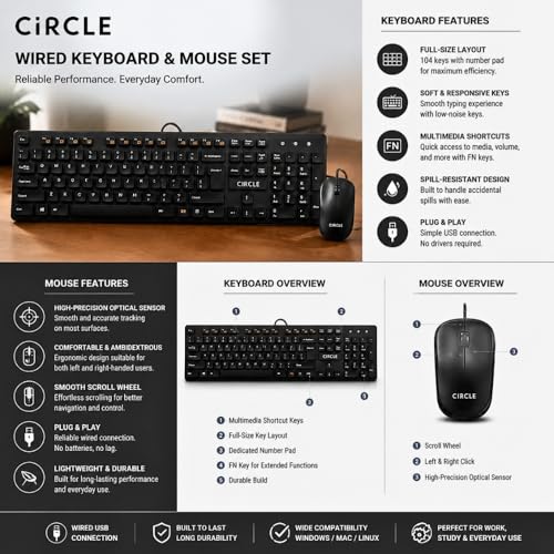 Image of Circle C43 Slim Multimedia Wired Keyboard and Mouse Combo | USB Connection | 3 Years Warranty | Slim Design, Durable & Quiet Typing | Ideal for Home, Office & Gaming Use