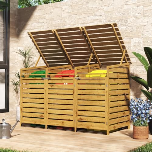 Warmiehomy 3 Wheelie Bin Storage 3 x 240L Wooden Bin Storage for Wheelie Bins, Wooden Recycling Bins Store Outdoor, 1 CM Thick Wood Board, 198 x 86 x 122.5 CM, Yellow