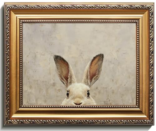 Uniro Vintage Gold Framed Wall Art Easter Bunny Wall Art Decor Neutral Rabbit Canvas Oil Painting Poster for Rustic Easter Dcor Vintage Home Decor Animals Artwork Prints Wall Decor for Kids Room Living Room Bedroom or Festive Spaces - 9x12inch