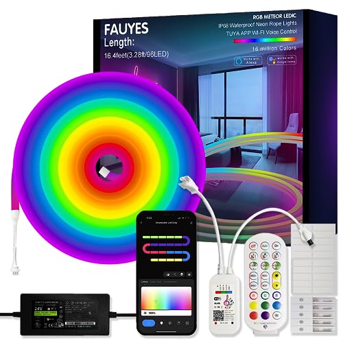 Fauyes Neon Rope Lights, 16.4Ft Icrgb Meteor Ledic,Outdoor Waterproof Ip67 Diy Design,Music Sync,24Key Remote,Tuya App Control, Wifi Voice Activation Works With Alexa, Google Assistant,For Holidays #TOP24