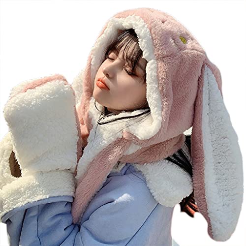 Dsgzkk Hat,Trendy Women Plush Hats Gloves Scarf 3in1 Suit Cartoon Ear Shape Warmth Hats Adults Winter Hat for Teenagers Pink