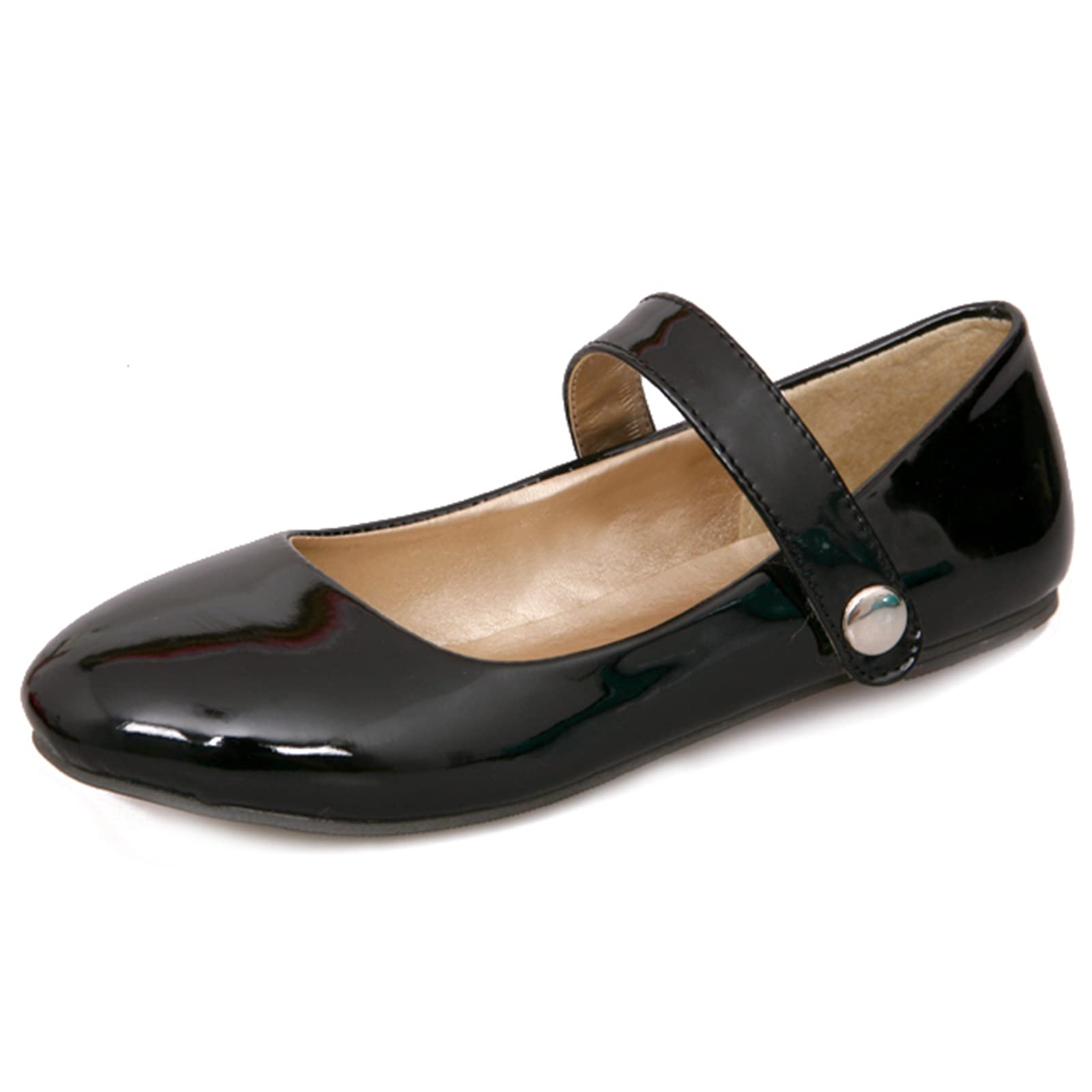 Mary Jane Halbschuhe für Damen Lackoptik Rund Flach 1cm, Bequeme Ballerinas mit Klettverschluss und Latex-Dämpfung für Büro Alltag City-Trip