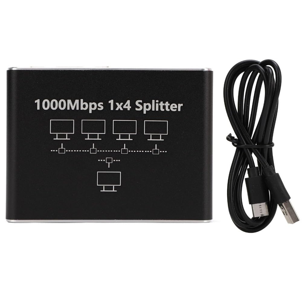 Splitter 1 to 4 – 1000Mbps Aluminum Alloy USB-C Powered Gigabit Switch for Cat 8/7/6 Cables, Plug and Play LAN Adapter for Home Office Networking