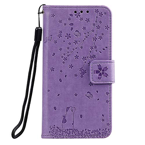 Samsung Galaxy A41 Case, 3D Shockproof PU Leather Embossed Floral Cat Flip Cover Notebook Wallet Cases with Magnetic Closure Stand Card Holder ID Slot Folio Soft TPU Bumper Protective Skin Purple
