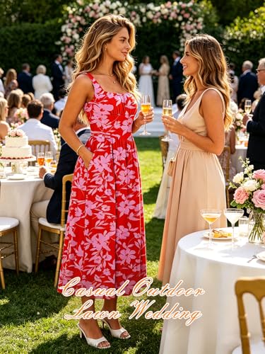Image of YIOYOLA Womens Casual Summer Dress with Pockets | Sleeveless Square Neck Flowy A-Line Midi Sundress for Beach & Wedding Guest