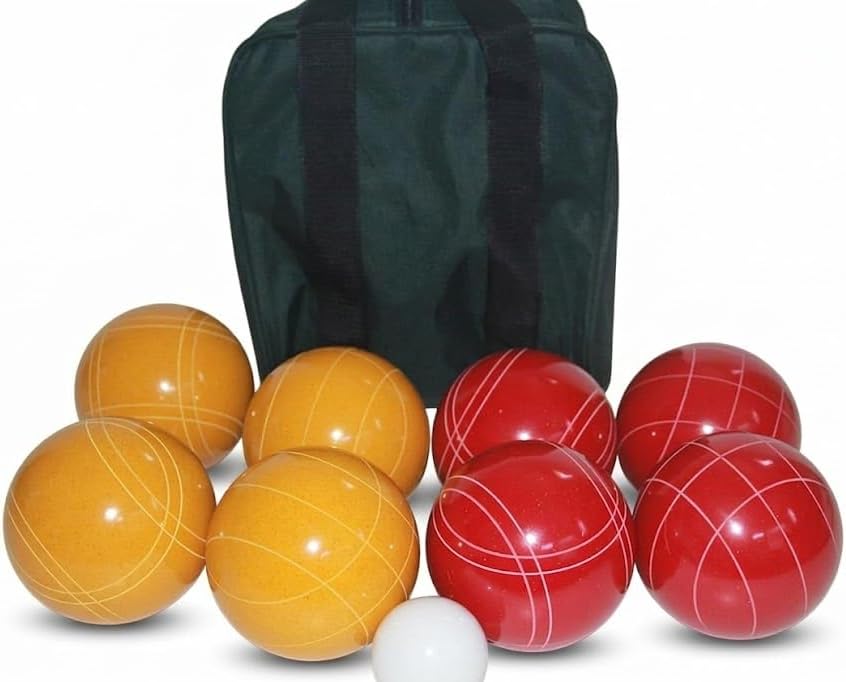 BuyBocceBalls Listing - Made in USA, Premium Quality Tournament Bocce Set - 110mm Rustic Yellow/Orange Balls and Green/Black Bag, 998 Grams (2 lbs. 3.2 oz.)