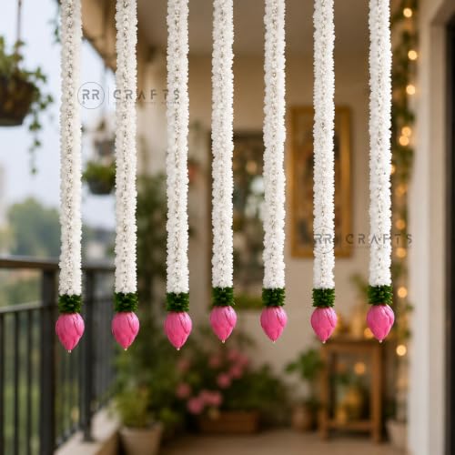 Image of Artificial Flower Hanging Garland | Lotus Gajra for Mandir Decoration & Pooja Decor | Wall /Door Hanging Flowers for Home, Diwali, Ganpati & Festival Decoration (White & Pink) 7 pcs