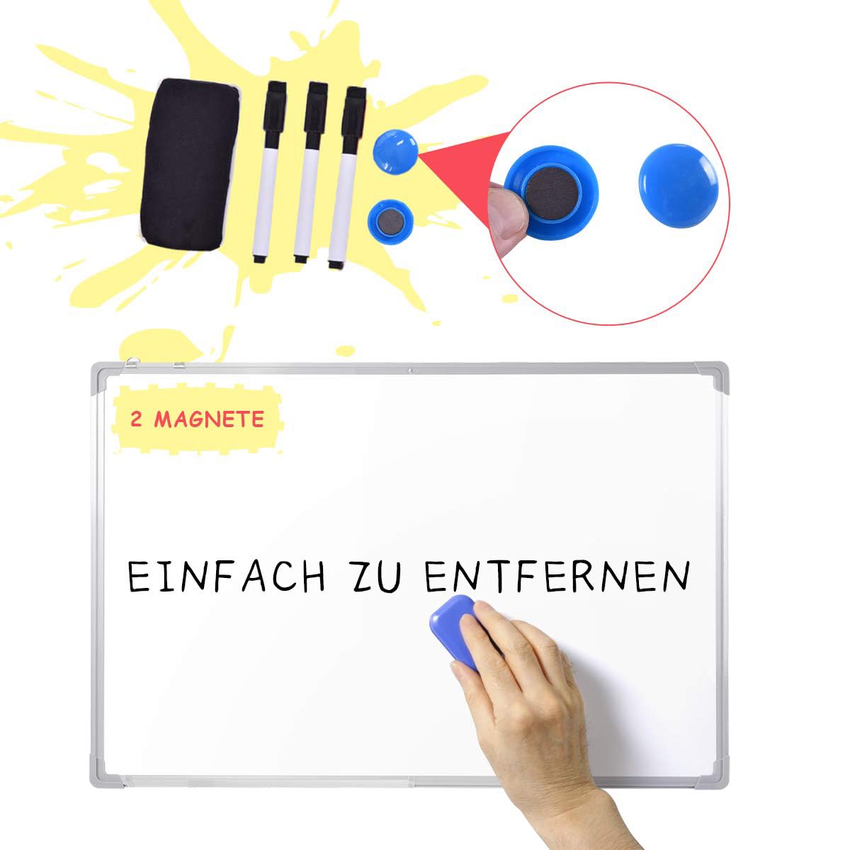 GOPLUS Magnetisches Whiteboard, 70 x 50 cm, Magnettafel mit abnehmbare Stiftablage, 3 schwarz Whiteboard Marker, 2 Magnete und Board Radiergummi, trocken Magnetpinnwand für Schule, Heim & Büro