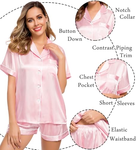Image of LecGee Womens Silk Satin Pajamas Short Sleeve Loungewear Two-Piece Sleepwear Button-Down Pj Set