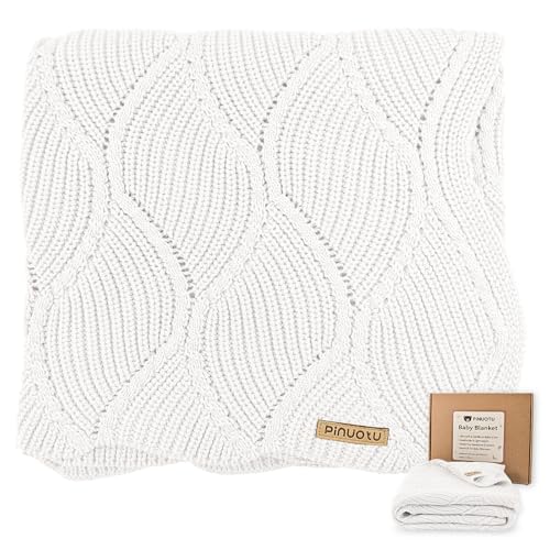 Image of Thick Cotton Knit Baby Blanket 40x31 Inches - Soft Breathable Newborn Blanket for Boys & Girls, Wavy Pattern Receiving Blanket for Crib, Stroller, or Nursery, Gift Box for Baby Shower (White)