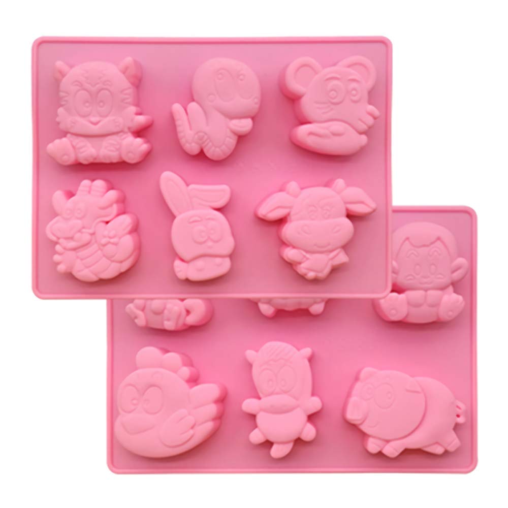 (Pack of 2) the Twelve Chinese Zodiac Silicone Soap Mold 12 Animals Signs Silicone Chocolate Candy Jello Mold Cake Cupcake Baking Pan Ice Cube Tray