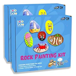 SOLOBOLO Rock Art Kit -Stone Painting Kit For Kids Creative Art And Craft Kit For Kids With Reusable Rocks for Painting with 12 Water Colors,4 Smooth Rocks, 2 Paint Brushes with Googly Eyes , Creativity Kit for Children Age 6-12 Pack of 2 Sets