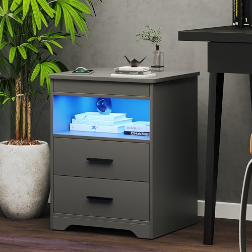 Image of Night Stand Set of 2, Charging Bedside Table with USB & Type-C Port, LED Night Stand with Human Sensor Light, Modern End Table with Gun Drawers for Bedroom Office, Grey